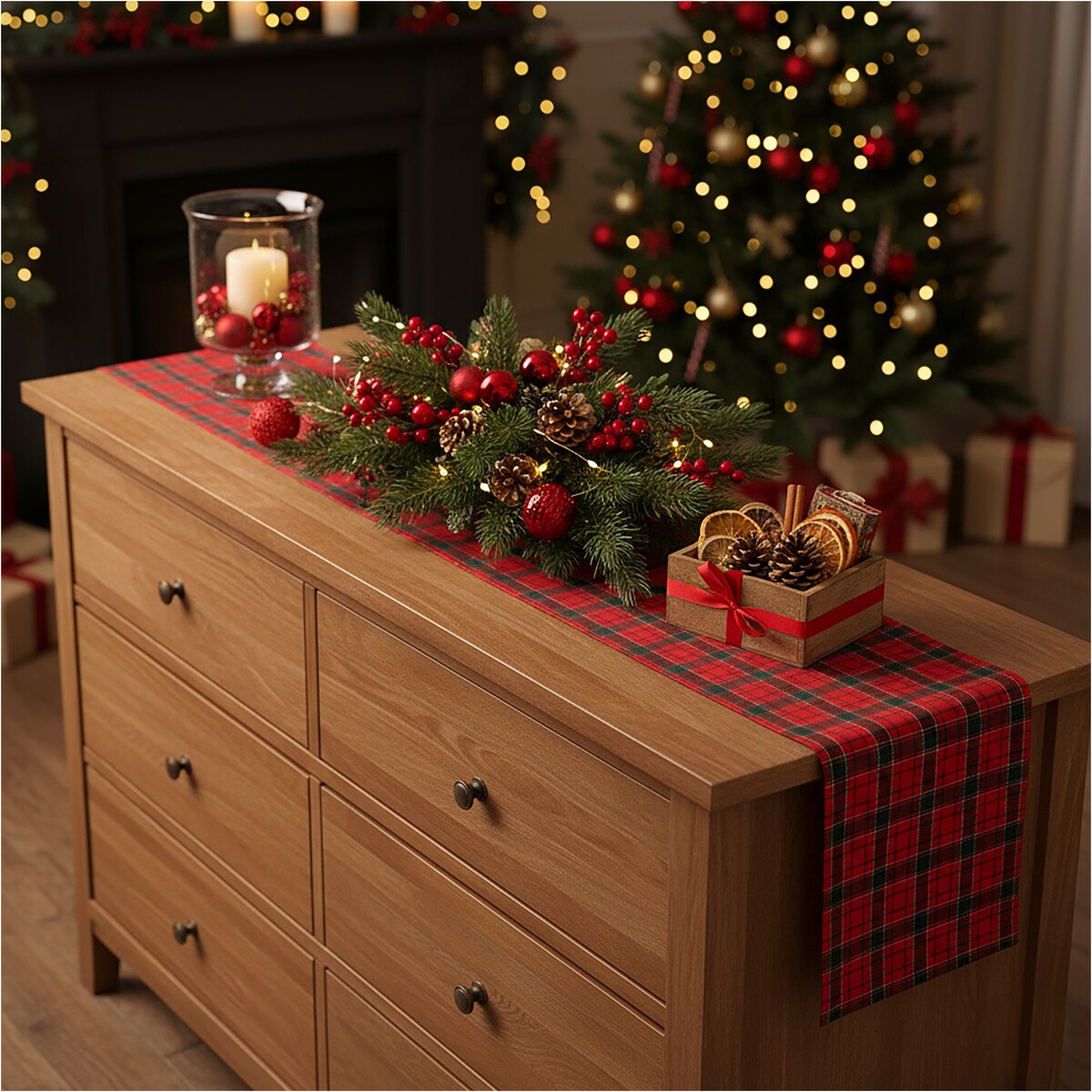 Bieżnik Świąteczny Na Stół 270x28 cm Serwetka Świąteczna Dekoracyjna Krata