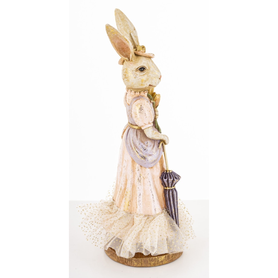 Dekoracja - pani królik w eleganckim stroju z parasolką i tulipanami 29x15x13 cm