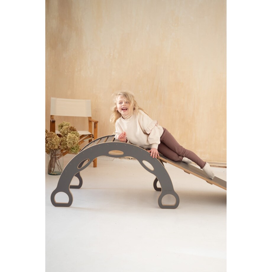 DUŻY bujak montessori z uchwytami + DUŻA zjeżdżalnia DRABINKA - szary