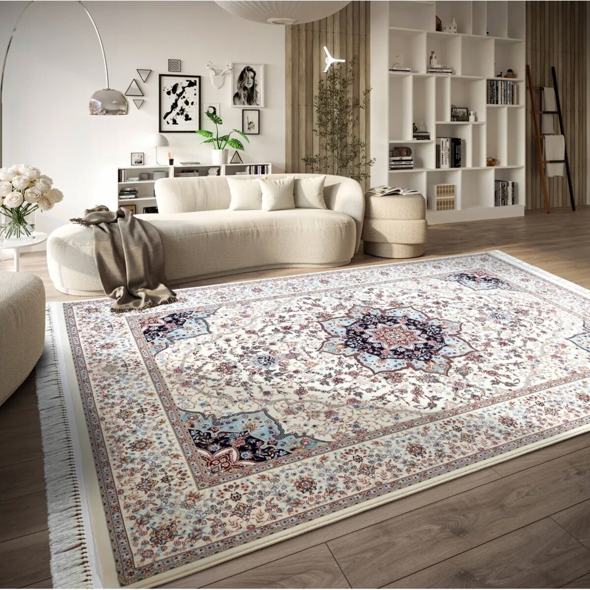 Dywan tradycyjny do salonu 155x235cm,klasyczny kremowo zielony z frędzlami