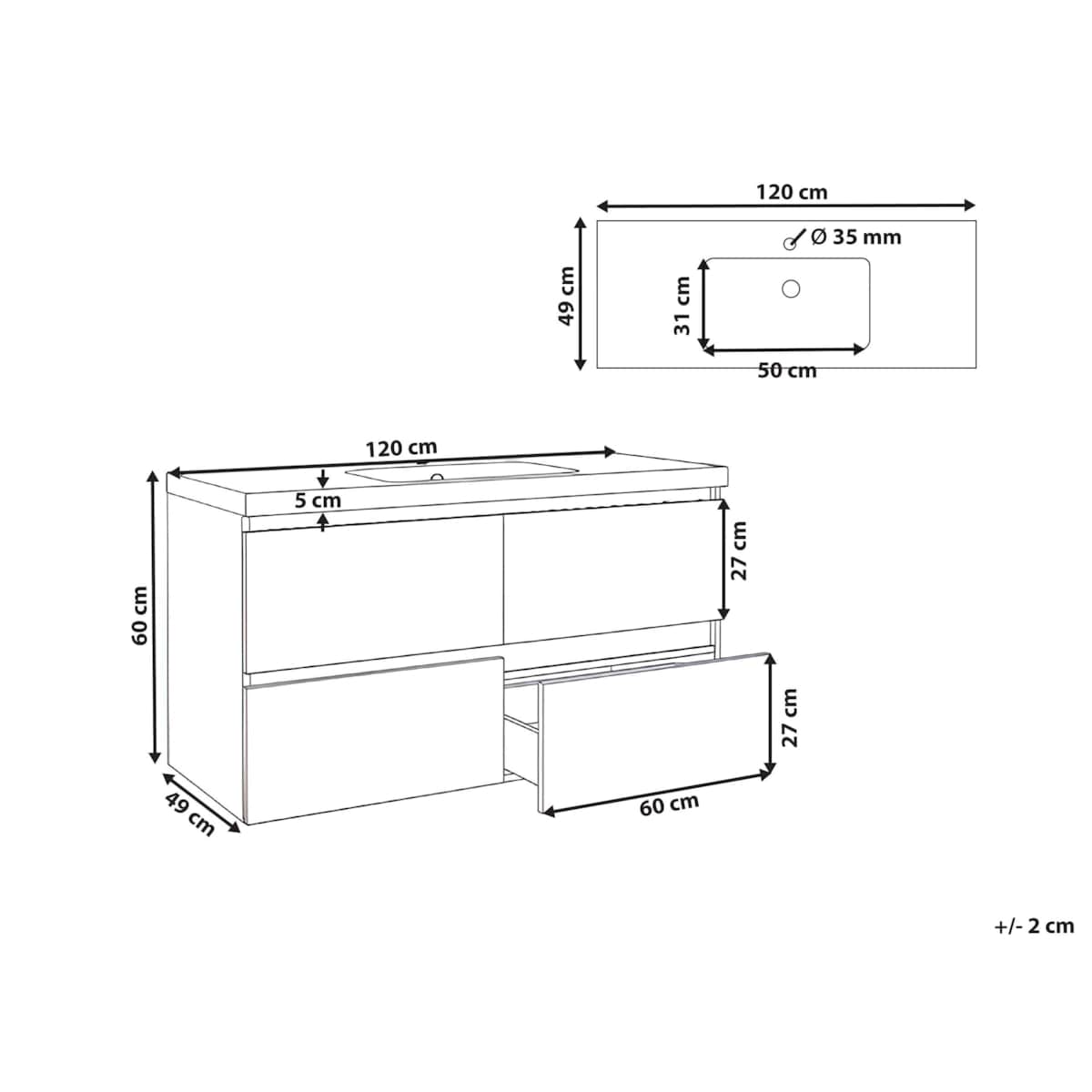 Szafka łazienkowa wisząca z umywalką LAGOA 120 cm Jasnobrązowy