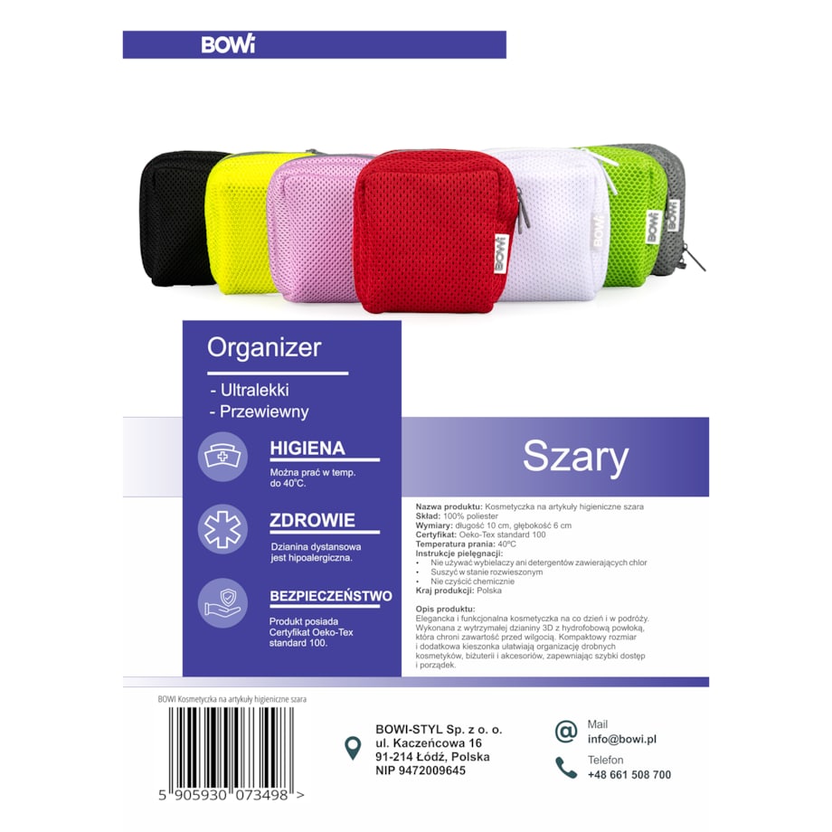 Organizer, etui w rozmiarze S, kosmetyczka na artykuły higieniczne, szara