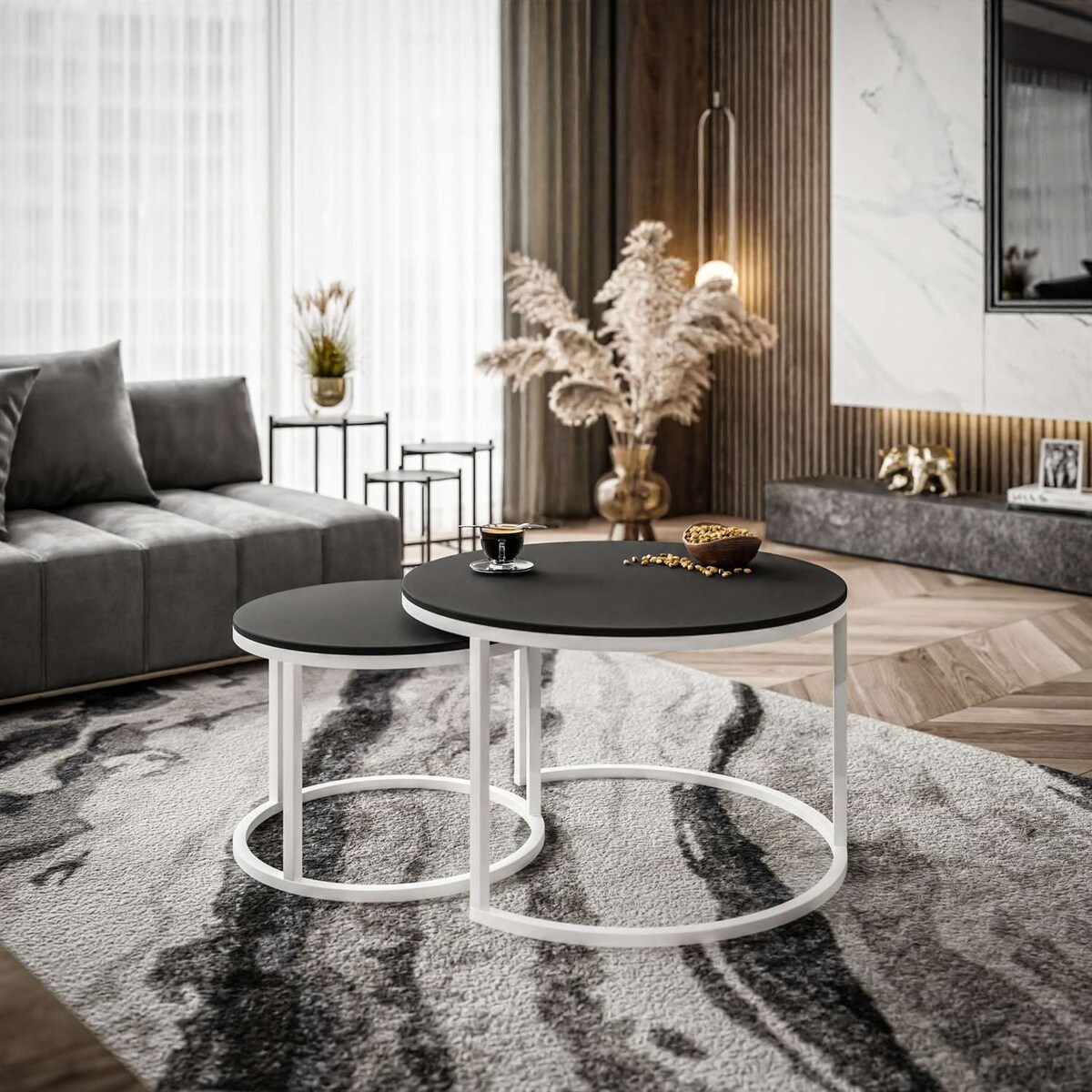 Okrągły stolik kawowy CIRI 2w1 SLIM biały czarny mat