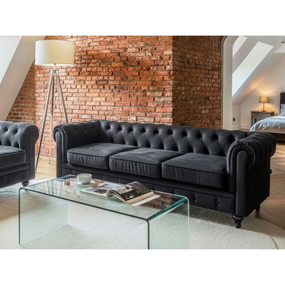 Sofa dla 3 osób CHESTERFIELD Welur Czarny