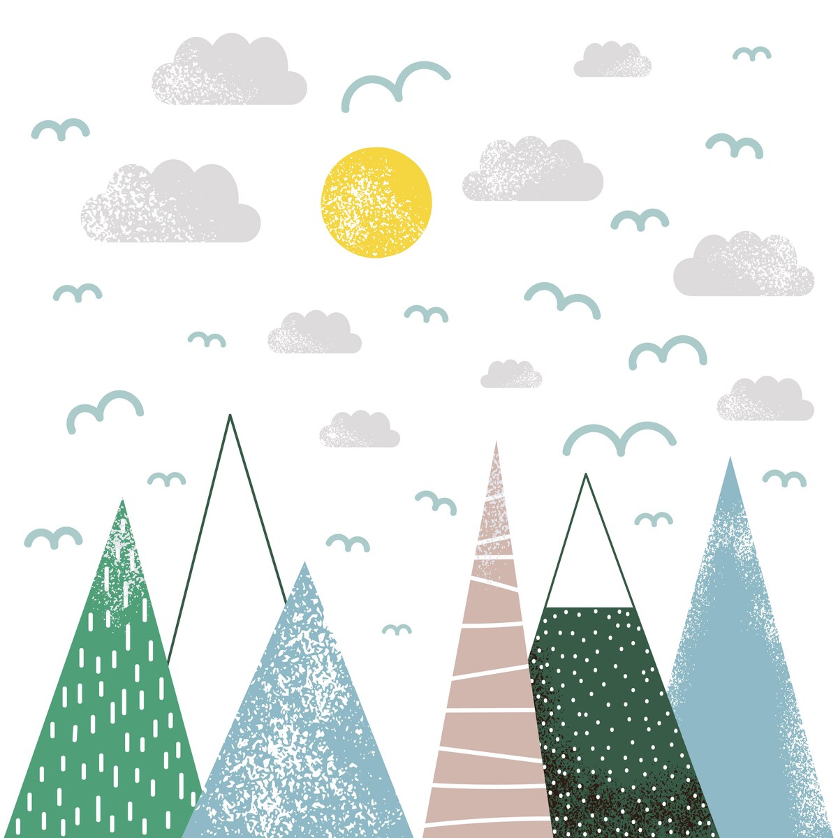 NAKLEJKI NA ŚCIANĘ DLA DZIECI ZIELONE GÓRY CHMURKI SŁOŃCE PTAKI ZESTAW