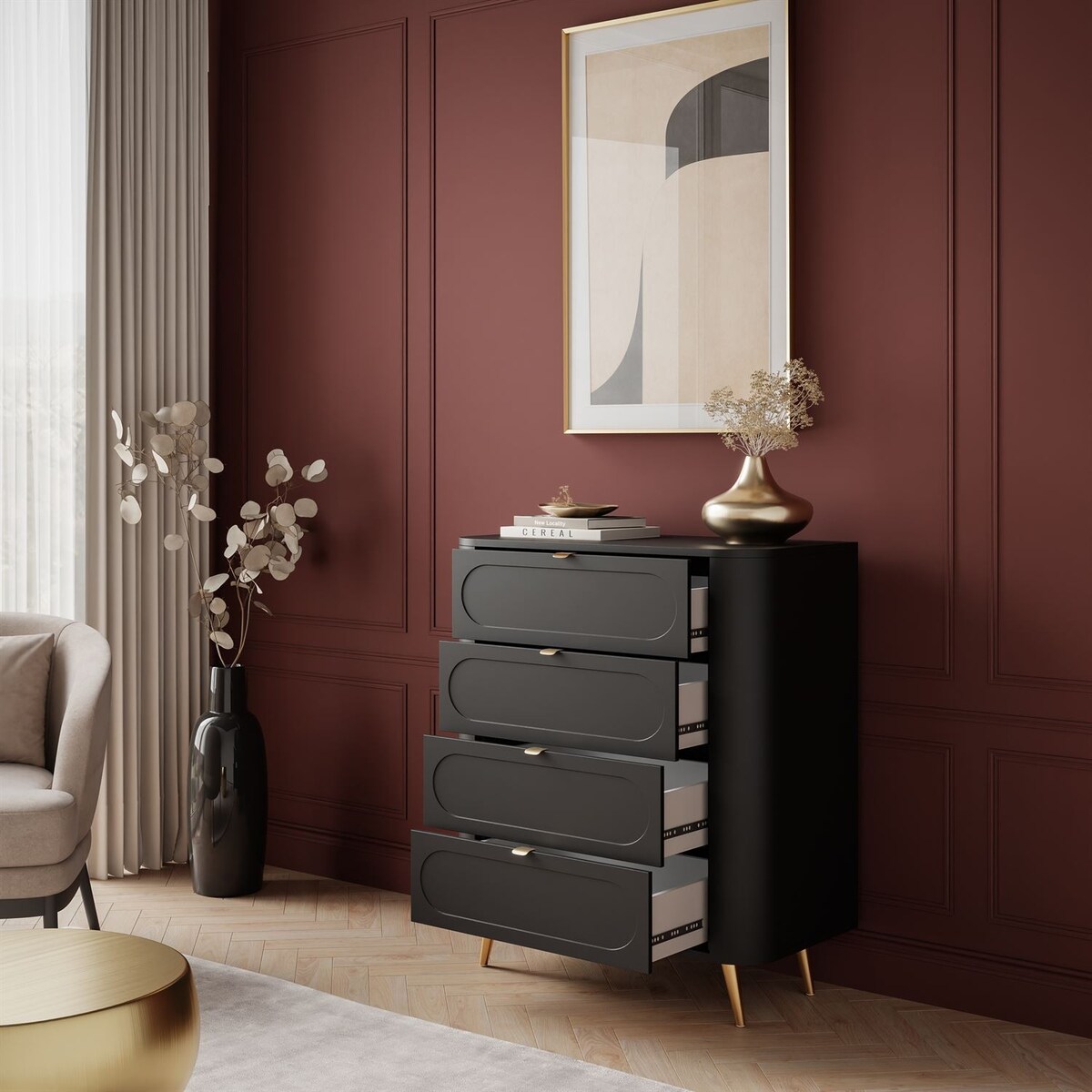 Komoda SHADOW II 4S z szufladami, nóżki skośne złote