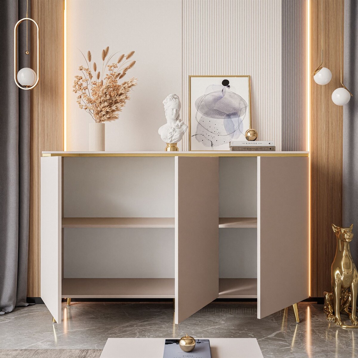 Komoda trzydrzwiowa AURORA KASZMIR 3D skośne złote nogi