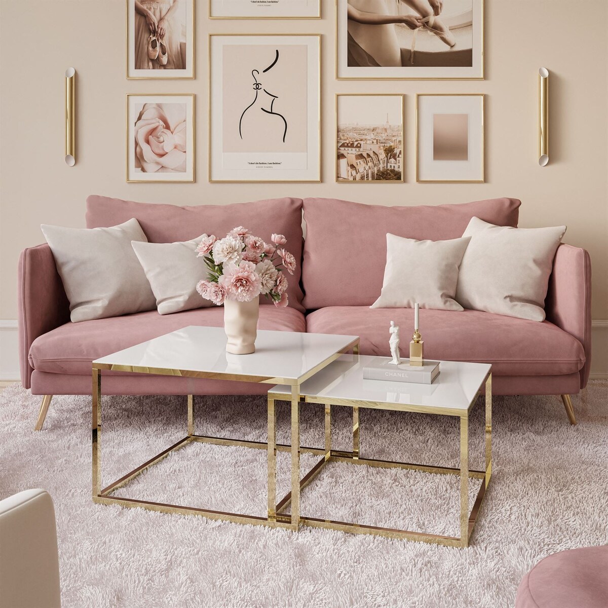 Stolik kawowy YOSHI 2w1 złoty chrom białe szkło