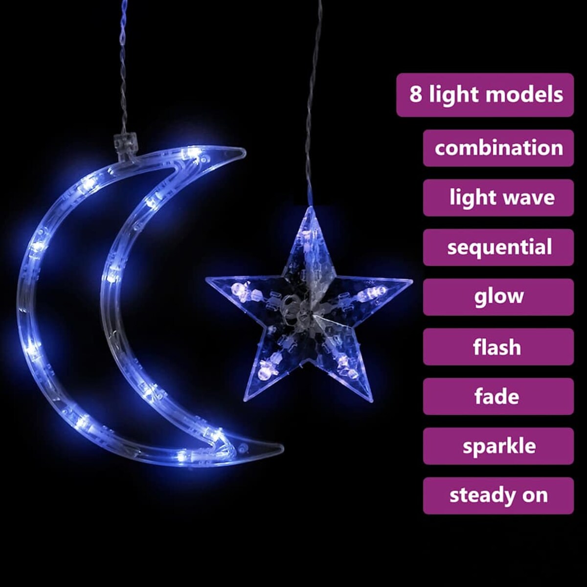 vidaXL Lampki świąteczne z gwiazdkami i księżycami, na pilota, 138 LED