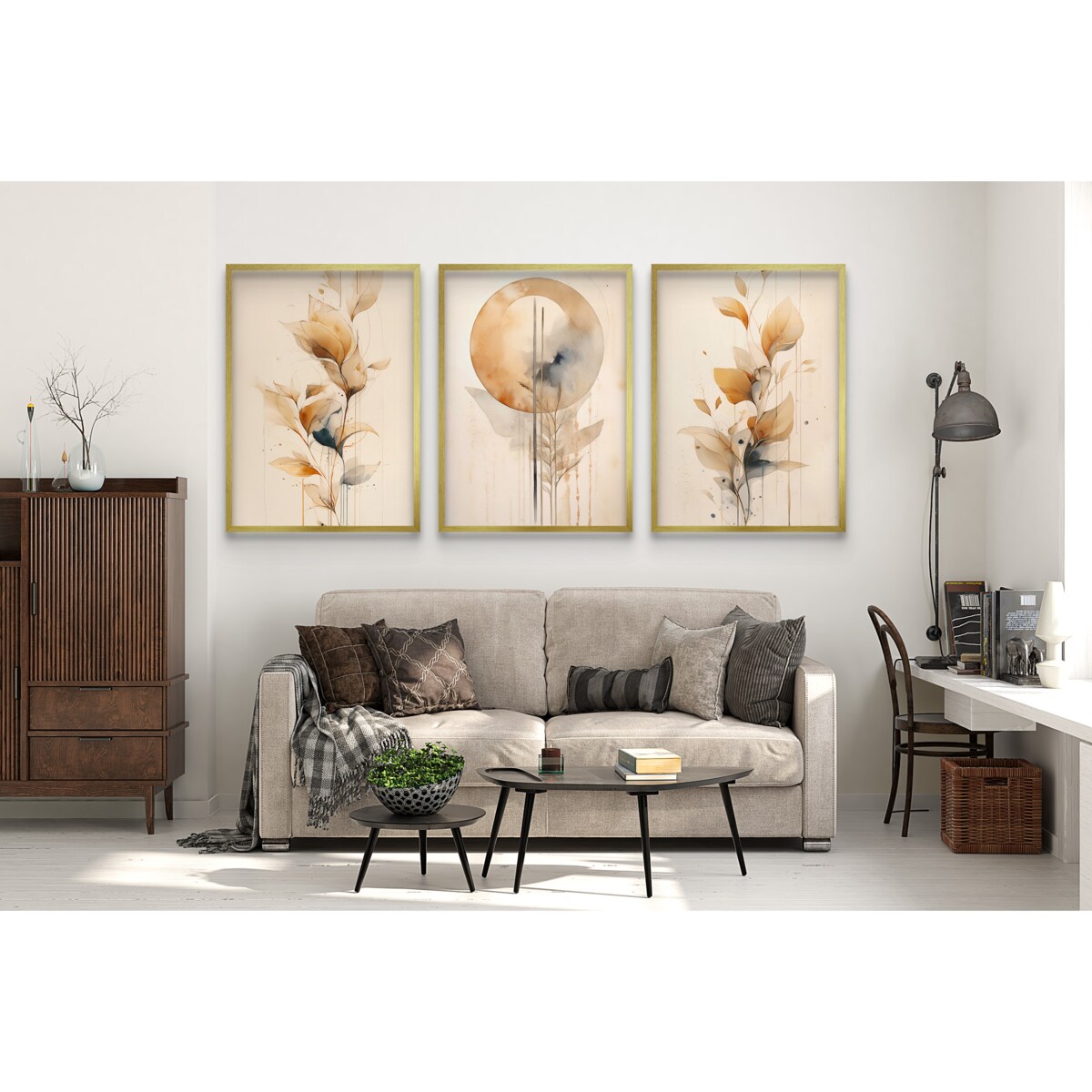 Plakaty w ramie Beżowe Obrazy na ścianę do Salonu Sypialni boho Liście