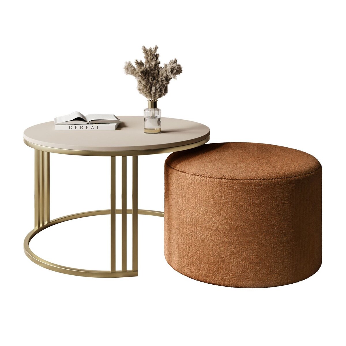 Stolik kawowy z pufą LORI MAT złoto szczotkowane, kaszmir mat / Perfect Harmony 52