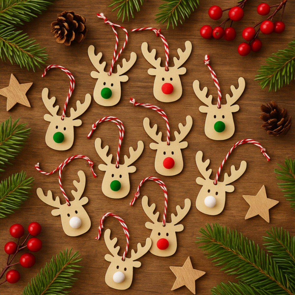 Zawieszki drewniane RENIFERY na choinkę ozdoby zestaw na prezent w pudełku