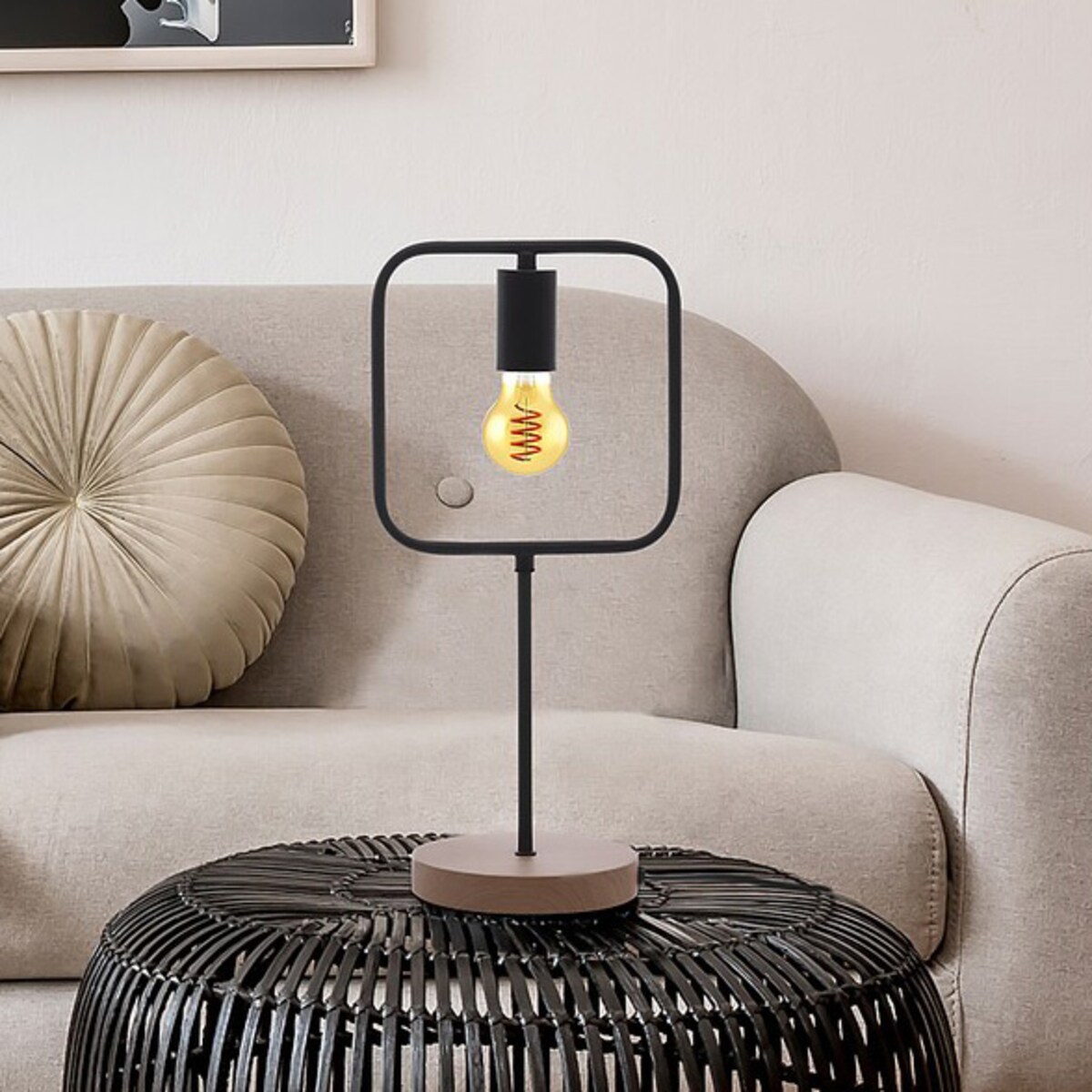 Industrialna lampka stołowa Rufin 3219 metalowa ramka czarna drewno