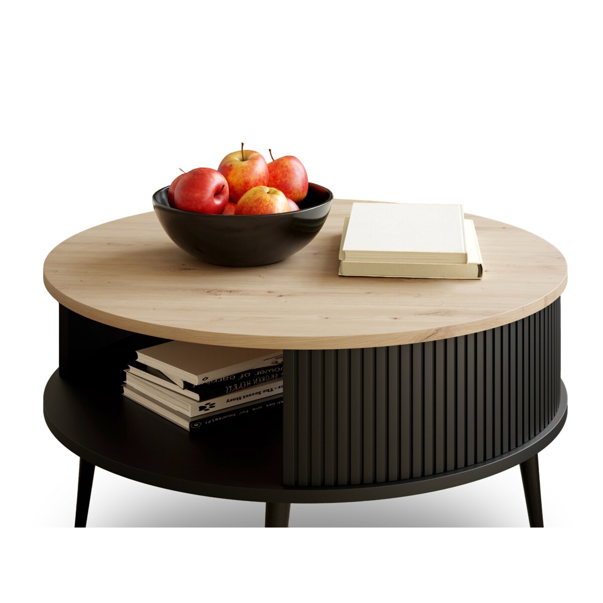 Nowoczesny Stolik Kawowy Okrągły DO SALONU Lamele Czarne DĄB ARTISAN 76 cm