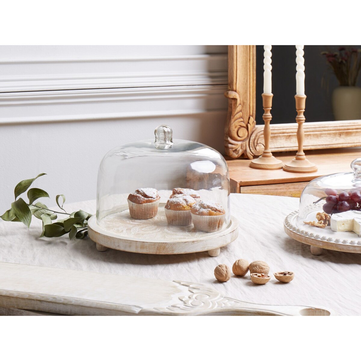 Patera ze szklanym kloszem drewno mango jasne FAJUM