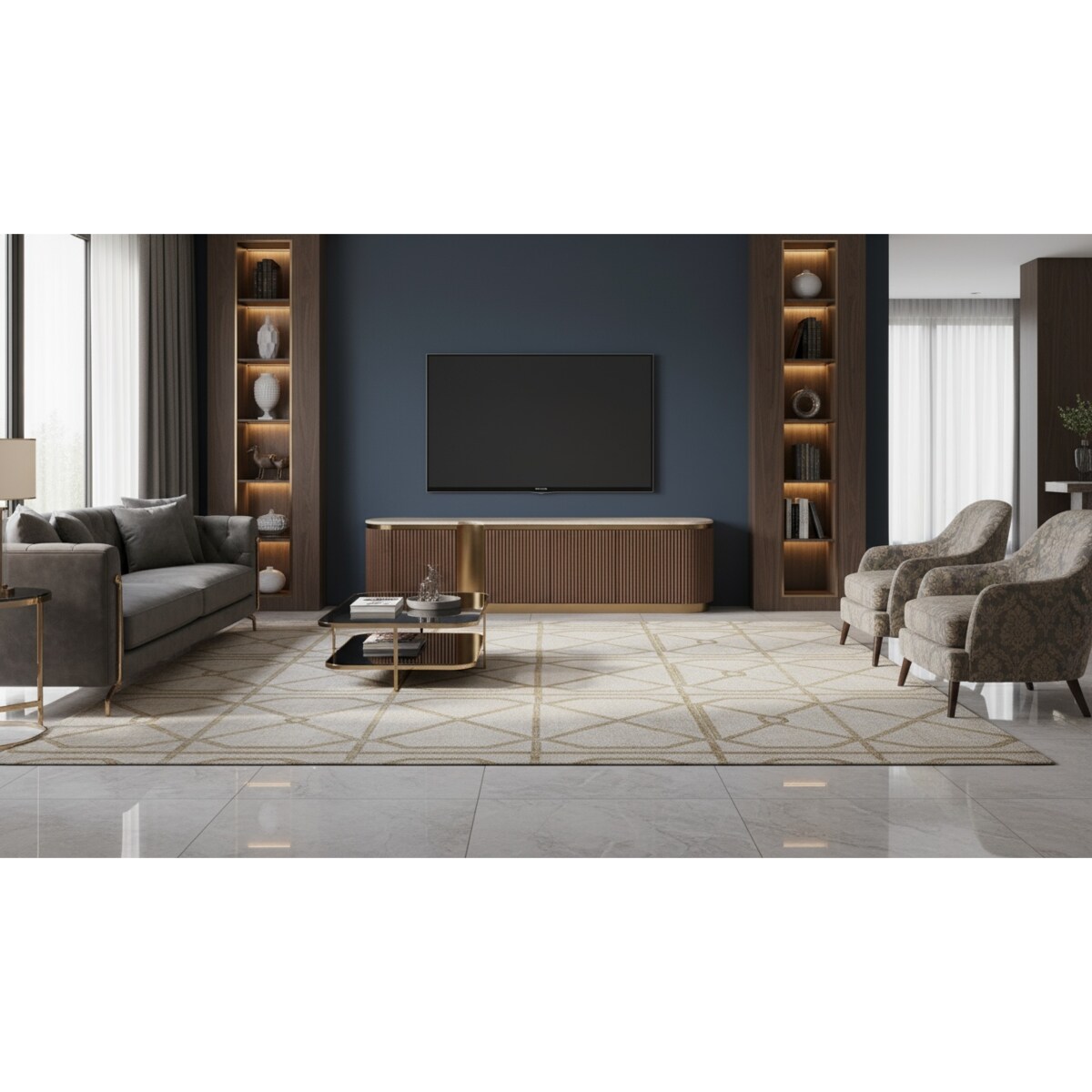 Ryflowana szafka RTV złota drewniana brązowa Nutris Glamour Premium z blatem marmurowym 200x40x50