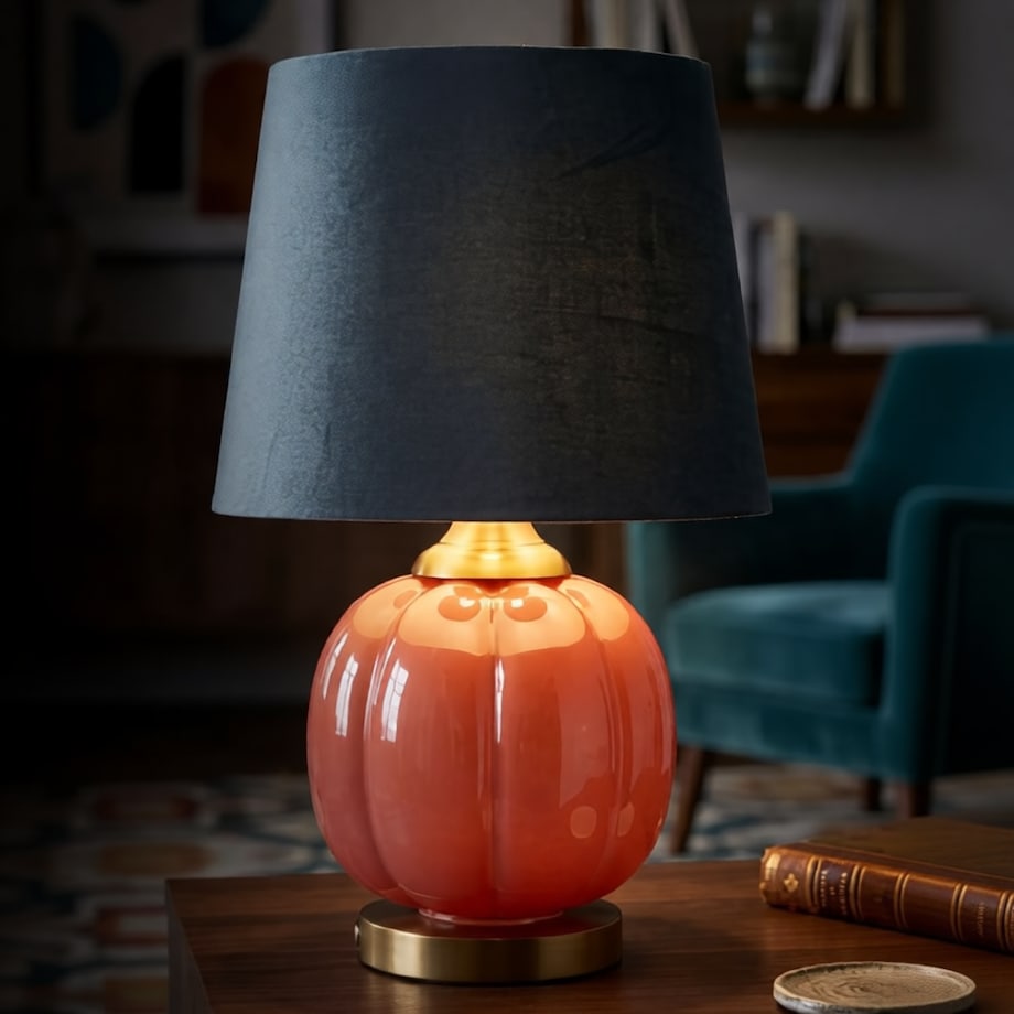 Lampa stołowa Helene Ball, kolor czerwony i niebieski, szkło, żelazo i tkanina, 32,5 x 32,5 x 50 cm, 1 x E27, do salonu i sypialni, Mauro Ferretti