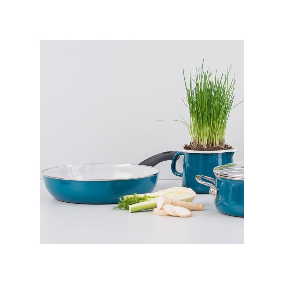 aquamarin Set Morski Zestaw 4 Garnków Emaliowanych Z Pokrywkami I Patelnią