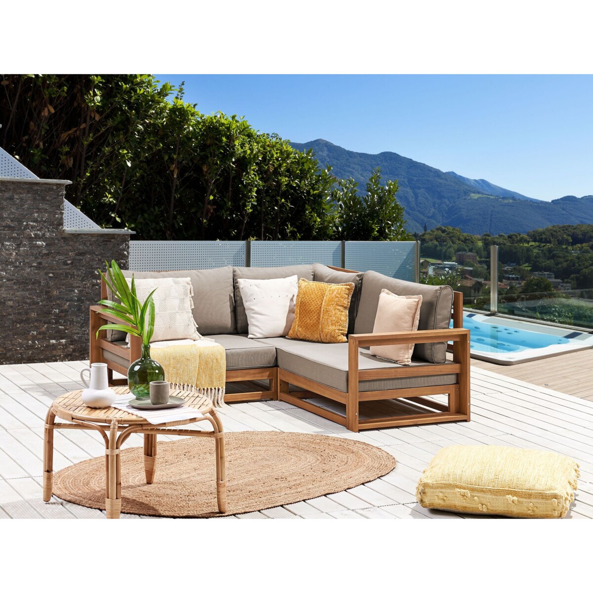 Sofa ogrodowa z-certyfikowanego-drewna-akacjowego 2-osobowa narożna jasna TIMOR II