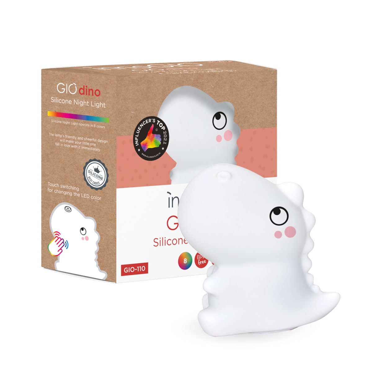InnoGIO GIOdino silikonowa lampka LED dotykowa dla dzieci, 8 kolorów ładowana