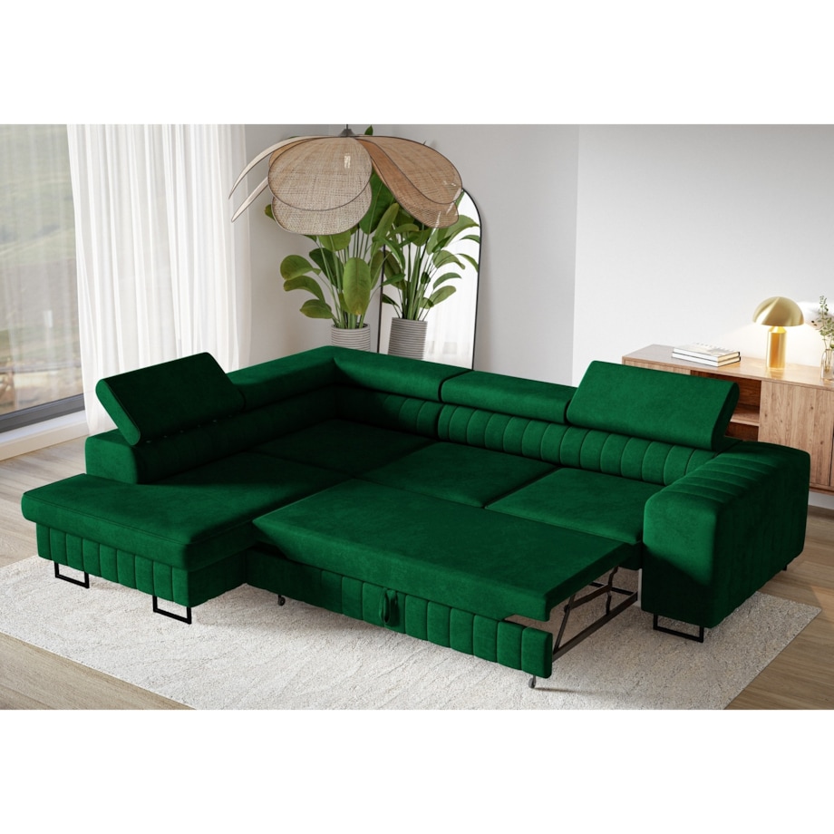 Narożnik NOLA do salonu, regulowane zagłówki-lewostronny- butelkowa zieleń