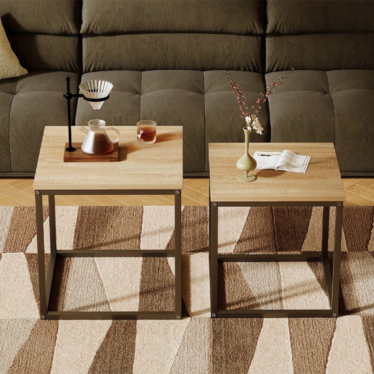 Stoliki kawowe 2w1 loft jasny brąz 50 cm czarny stelaż zestaw 2 sztuki