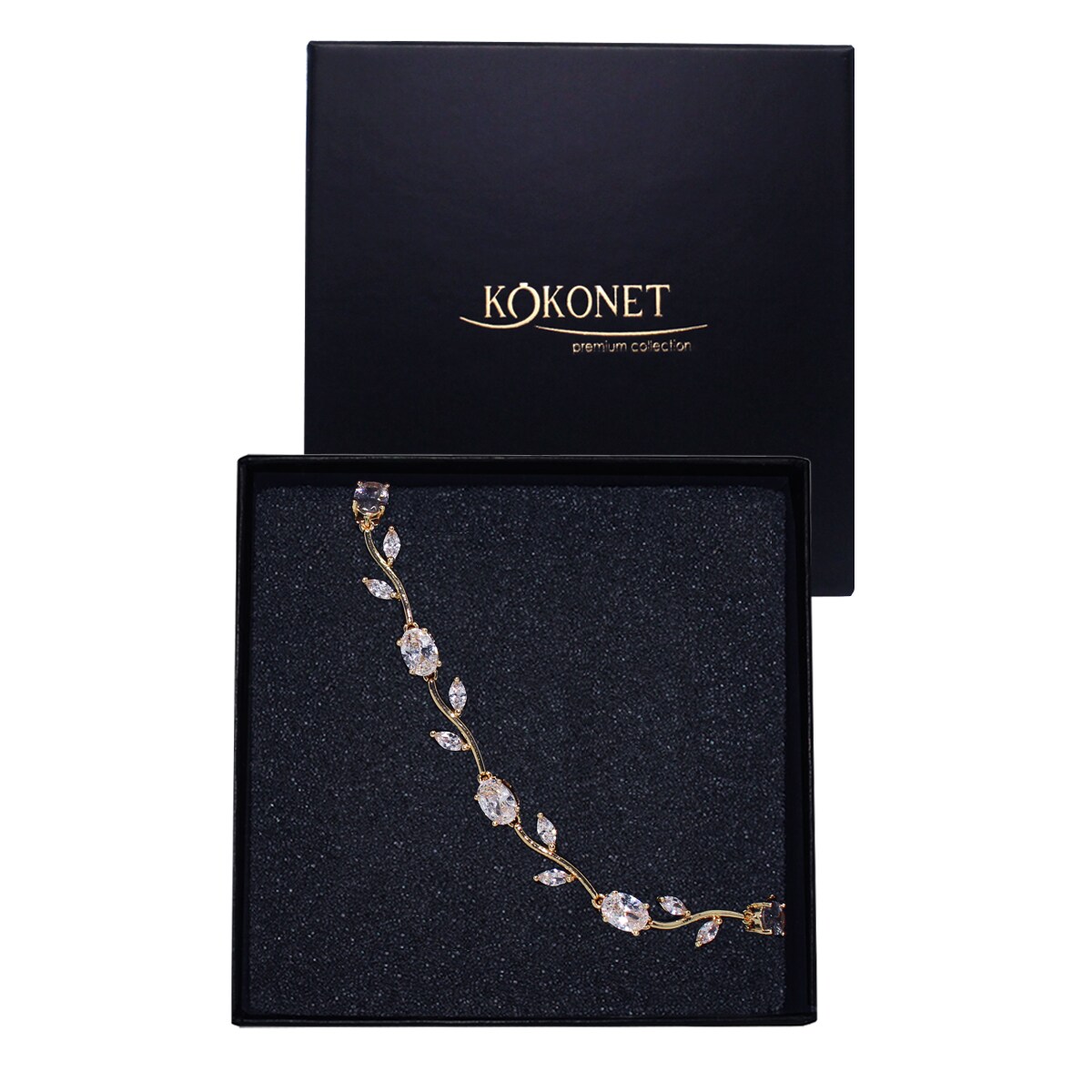 Efektowna bransoletka ślubna boho glam KRYSZTAŁKI motyw roślinny ZŁOTA