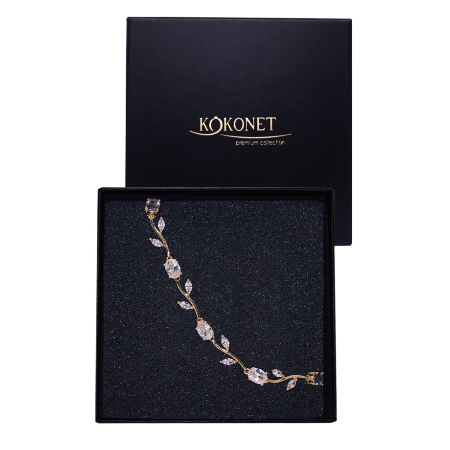 Efektowna bransoletka ślubna boho glam KRYSZTAŁKI motyw roślinny ZŁOTA