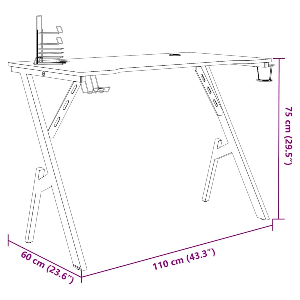 vidaXL Biurko do gier z nogami w kształcie Y, czarne, 110x60x75 cm