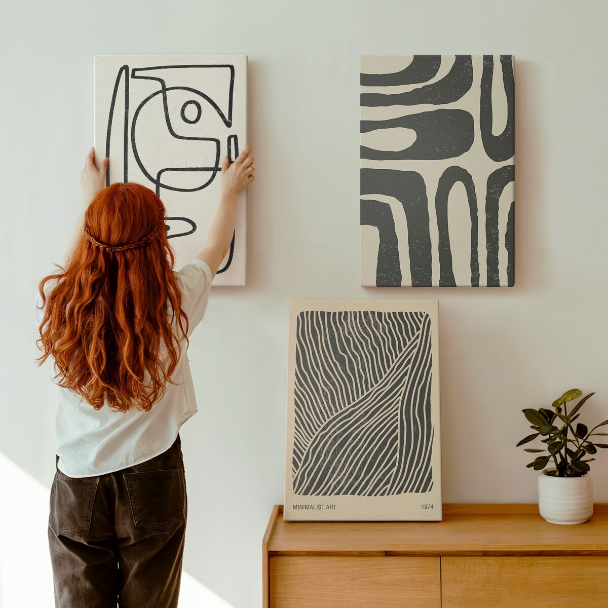 Zestaw 3 dużych obrazów na płótnie - Abstrakcyjne wzory linie tekstury boho - czarno-biały