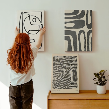 Zestaw 3 dużych obrazów na płótnie - Abstrakcyjne wzory linie tekstury boho - czarno-biały