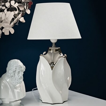 Lampa stołowa Shiney, kolor biały i srebrny, ceramika, żelazo i tkanina, 30 x 30 x 51 cm, 1 x E27, max. 40 W, do salonu i sypialni, Mauro Ferretti