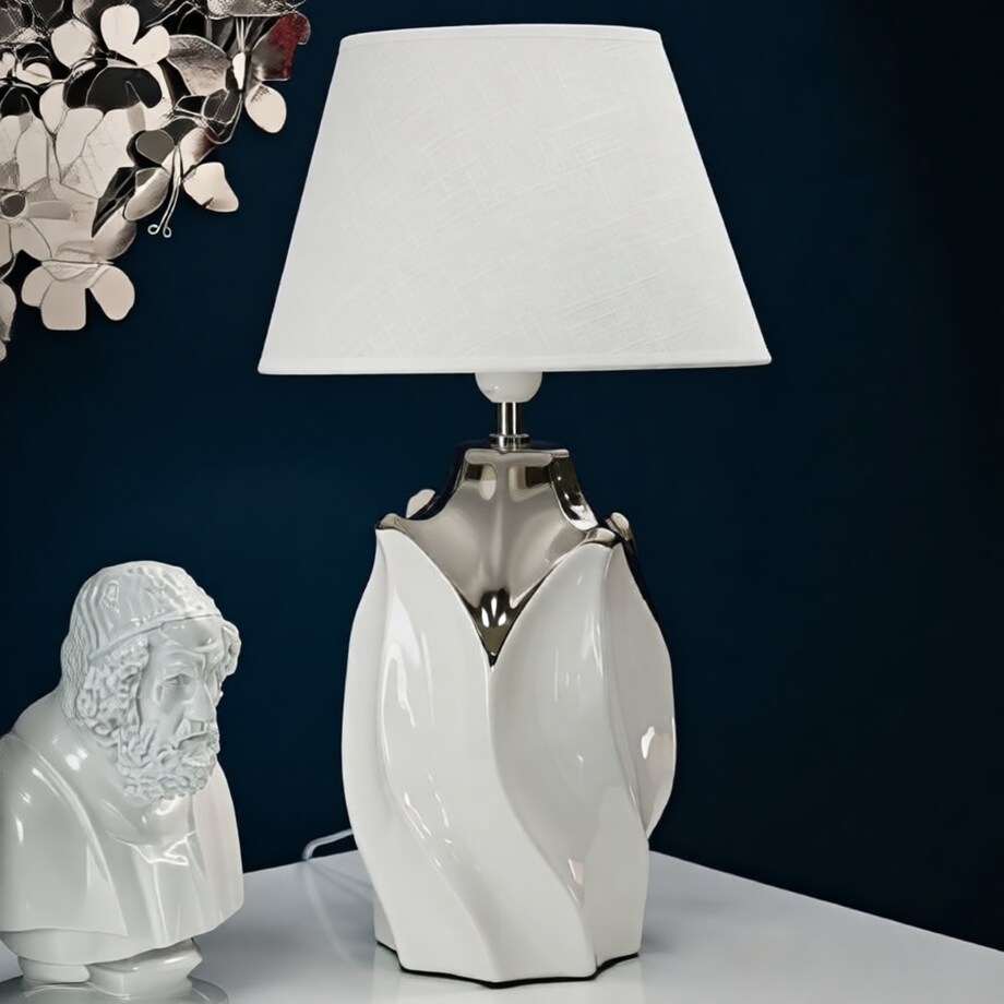 Lampa stołowa Shiney, kolor biały i srebrny, ceramika, żelazo i tkanina, 30 x 30 x 51 cm, 1 x E27, max. 40 W, do salonu i sypialni, Mauro Ferretti