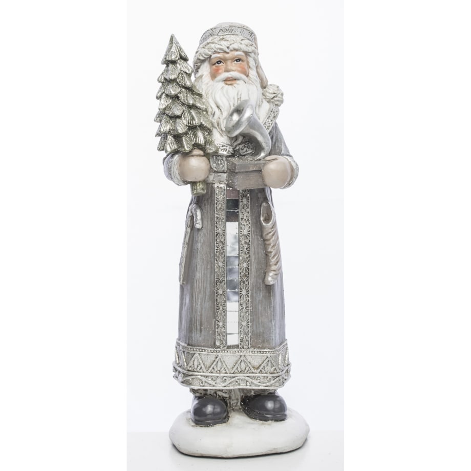 Mikołaj w płaszczu obszytym białym futrem ze srebrną choinką i brązową skarpetą na prezenty 22,5x8,5x7 cm