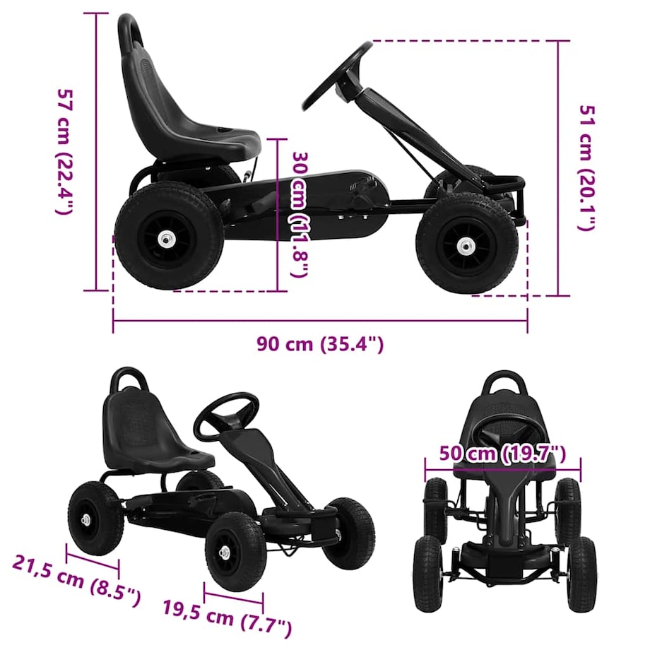 vidaXL Gokart na pedały z oponami pneumatycznymi, czarny