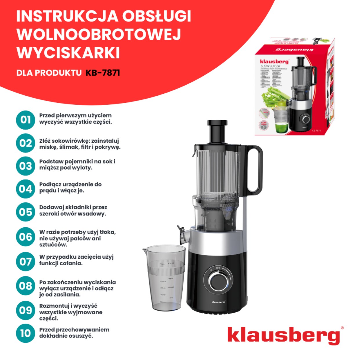 Sokowirówka wolnoobrotowa 180W do owoców i warzyw COLD PRESS KLAUSBERG KB-7871