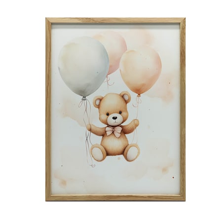 Miś w Balonowej Podróży, 40x50 cm, rama drewniana jasny dąb, papier matowy 230 gsm