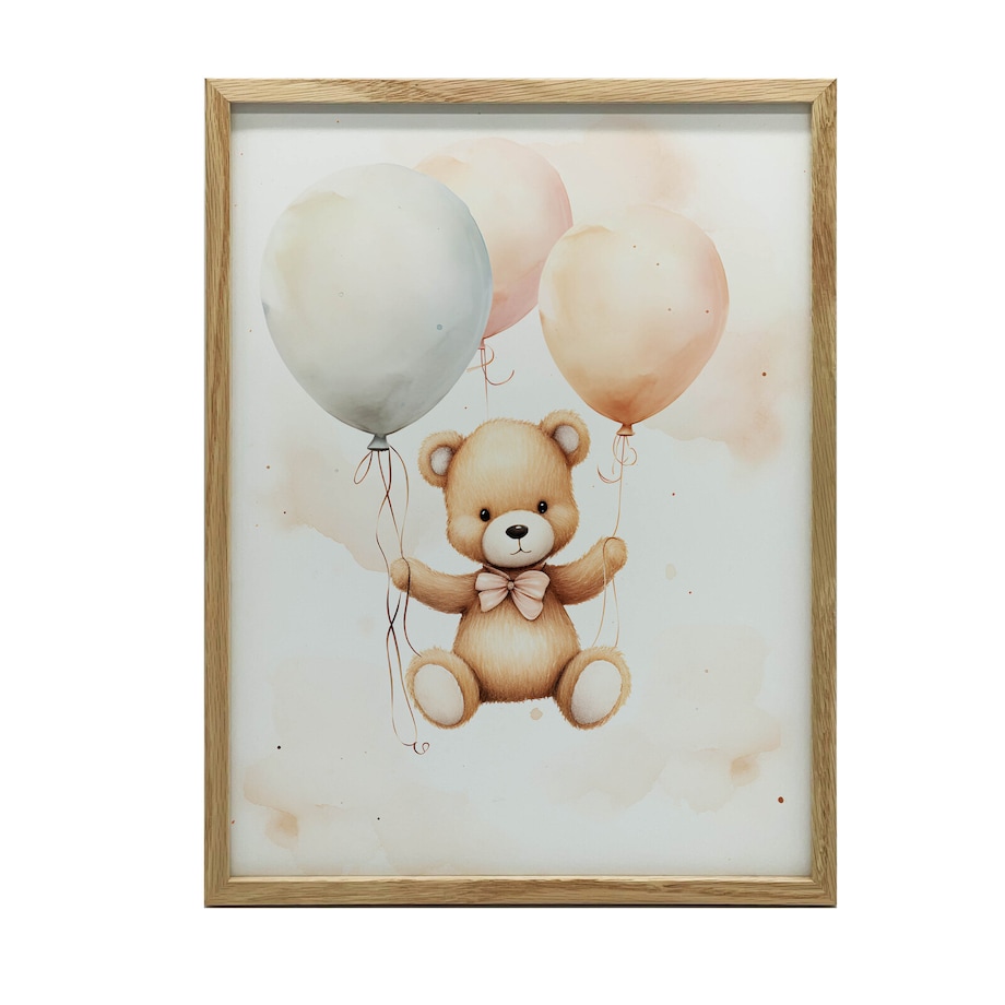 Miś w Balonowej Podróży, 40x50 cm, rama drewniana jasny dąb, papier matowy 230 gsm