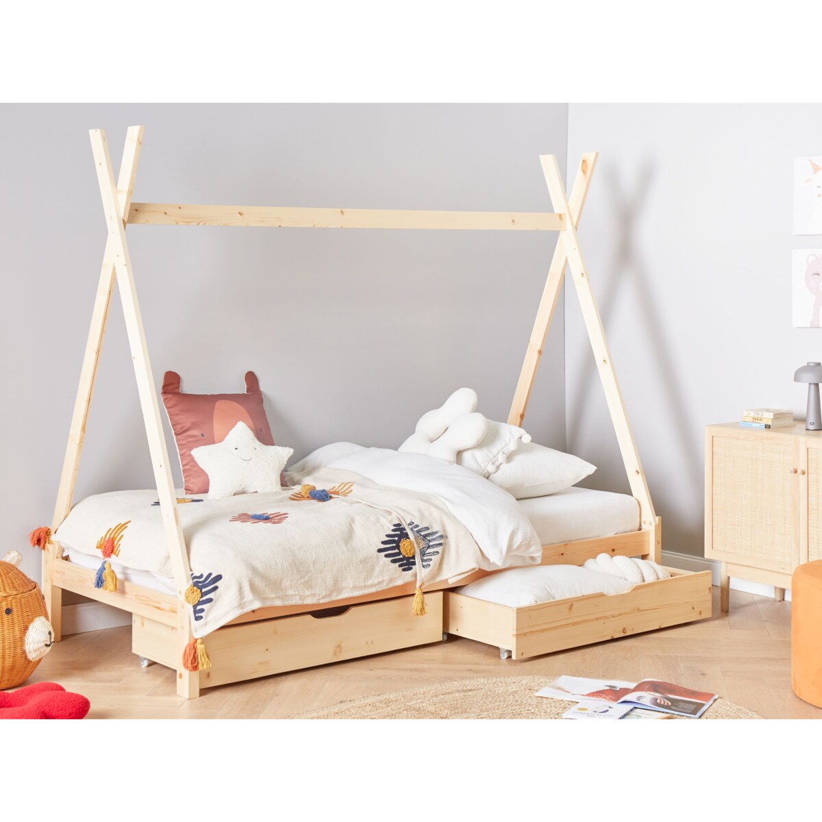 Łóżko z szufladami Drewno sosnowe DEVAY 90 x 200 cm Jasne drewno