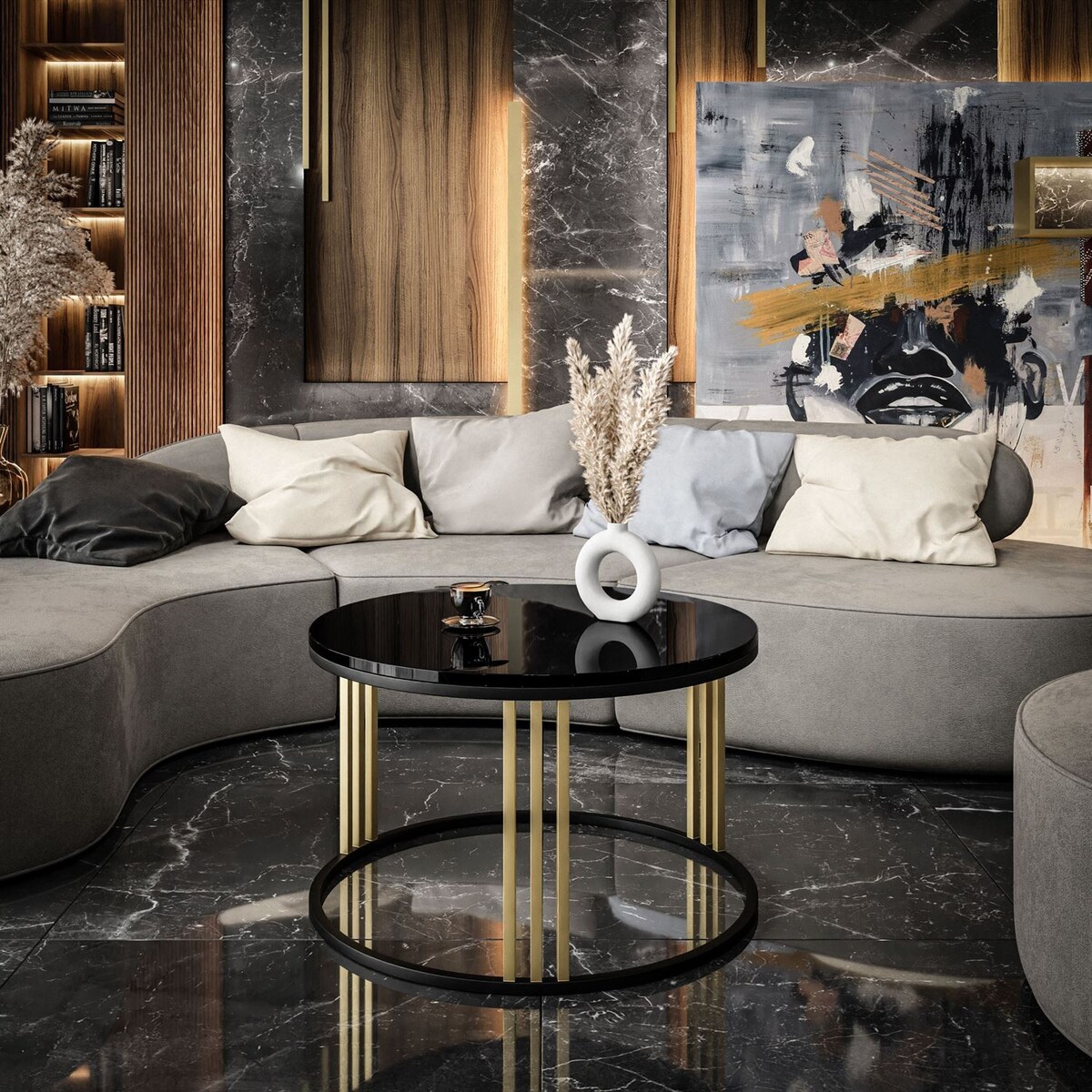 Okrągły stolik kawowy LORI MIX czarno złoty czarny połysk