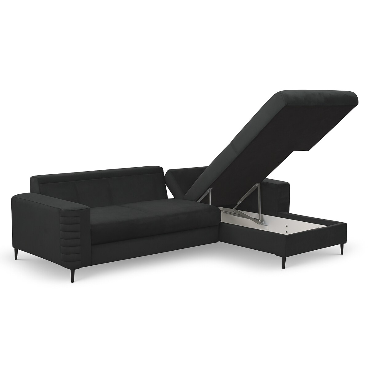 Narożnik rozkładany z zagłówkiem i pojemnikiem OLI, prawostronny, czarny