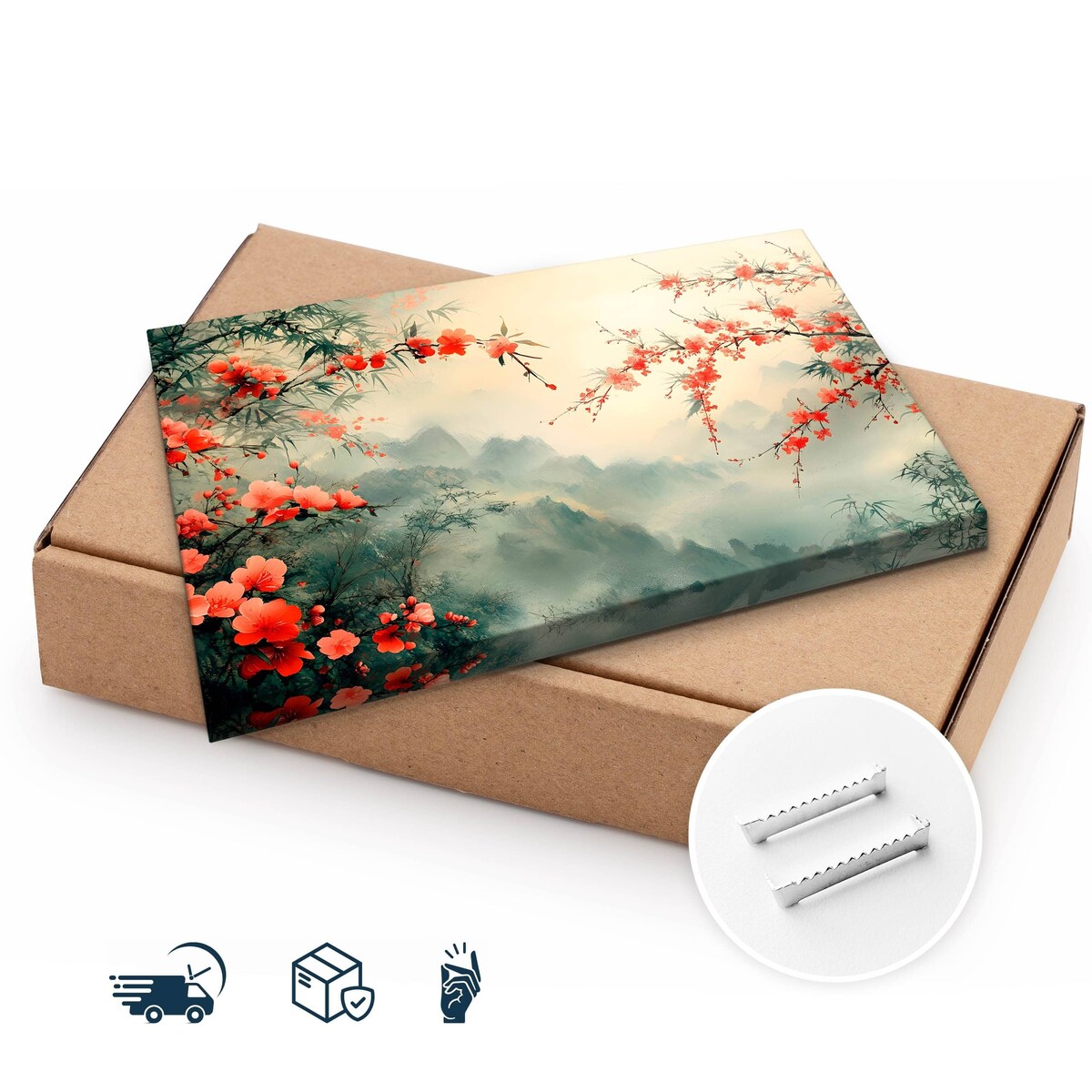 Obraz Do Salonu Czerwone Kwiaty Góry We Mgle Natura Styl Japoński 70x50cm