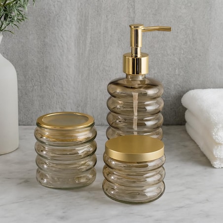 Zestaw łazienkowy szklany - dozownik, kubek i pojemnik 19x8,5 cm IMPOSTATO brzoskwiniowy