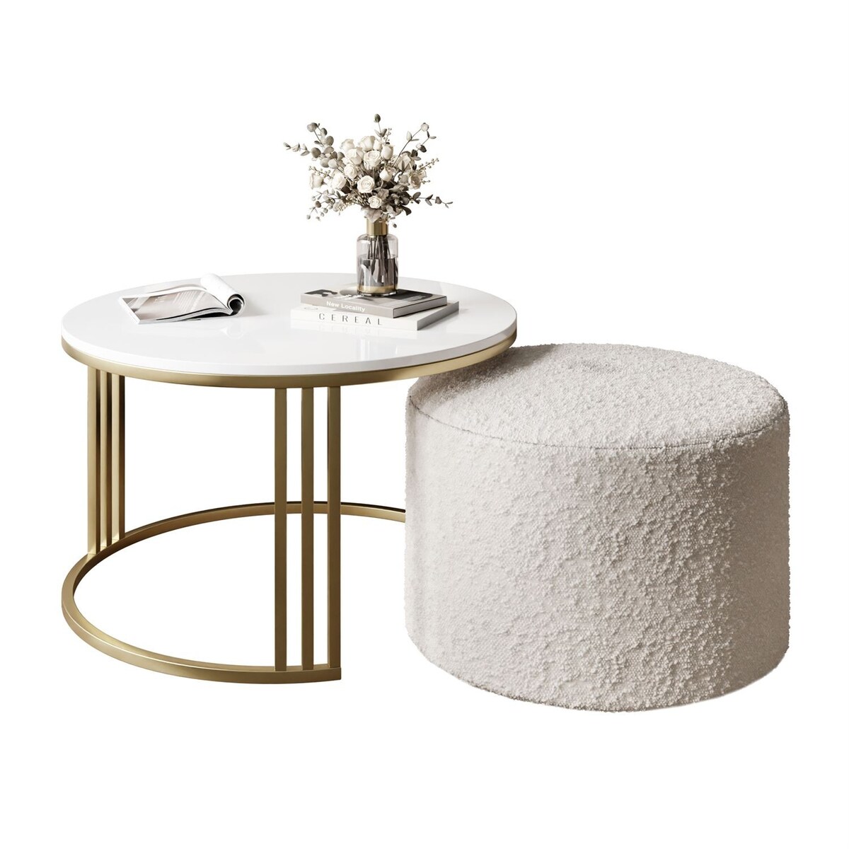 Stolik kawowy z pufą LORI POŁYSK złoto szczotkowane, biały / Coral 65