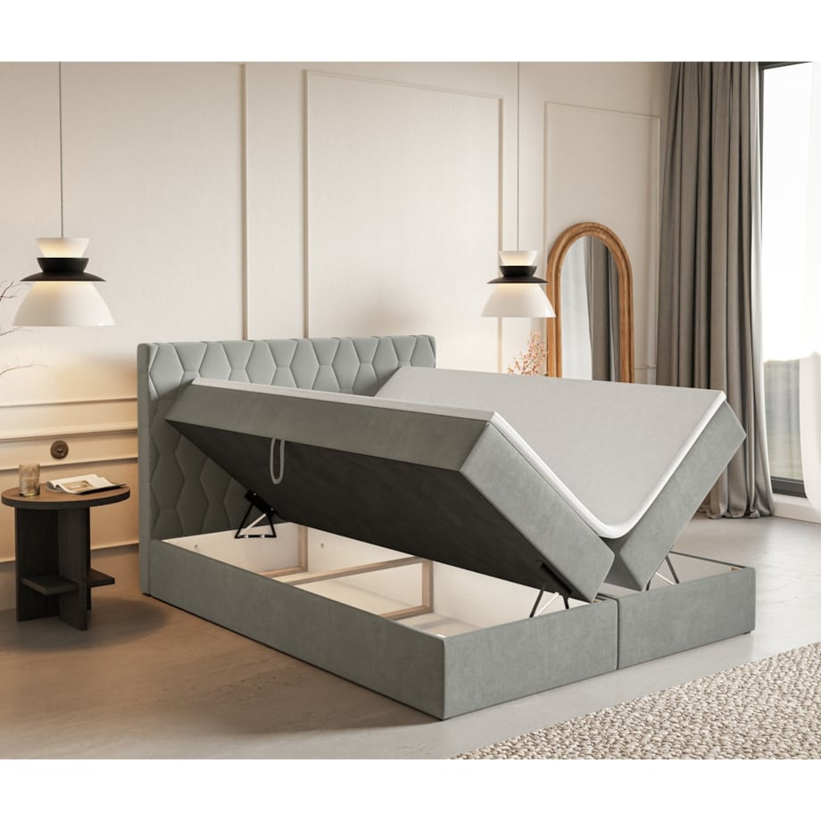 Łóżko kontynentalne G8 do sypialni 140x200 z pojemnikiem i materacem-szary