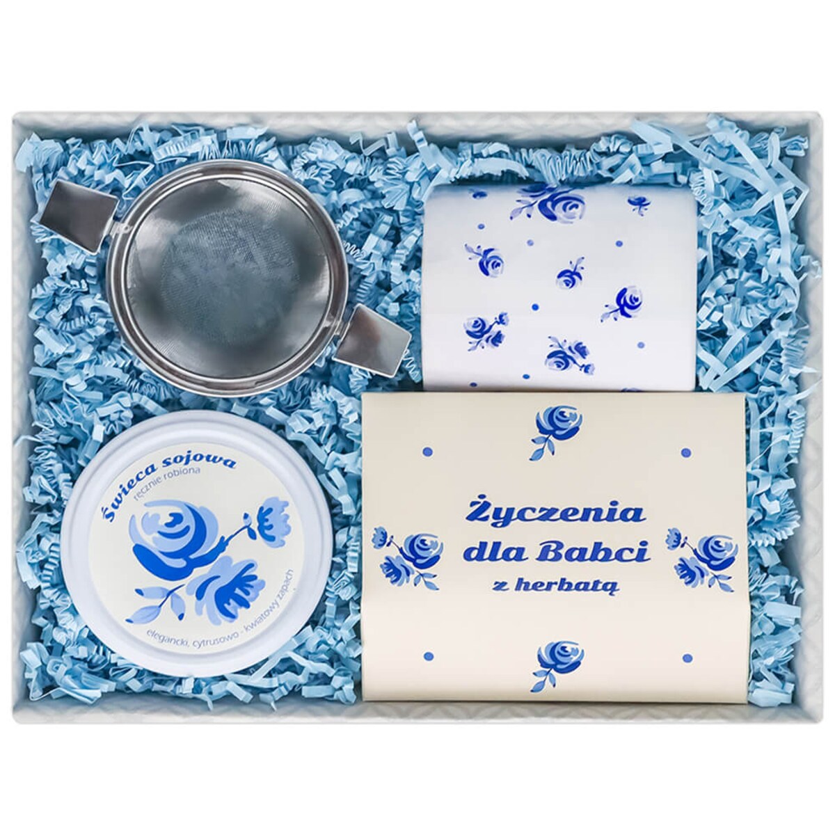Gotowy zestaw prezentowy „Życzenia dla Babci” herbata sypana PREMIUM mix 5 smaków w saszetkach zaparzacz kubek świeca prezent upominek na Dzień Babci