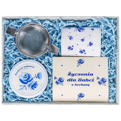 Gotowy zestaw prezentowy „Życzenia dla Babci” herbata sypana PREMIUM mix 5 smaków w saszetkach zaparzacz kubek świeca prezent upominek na Dzień Babci