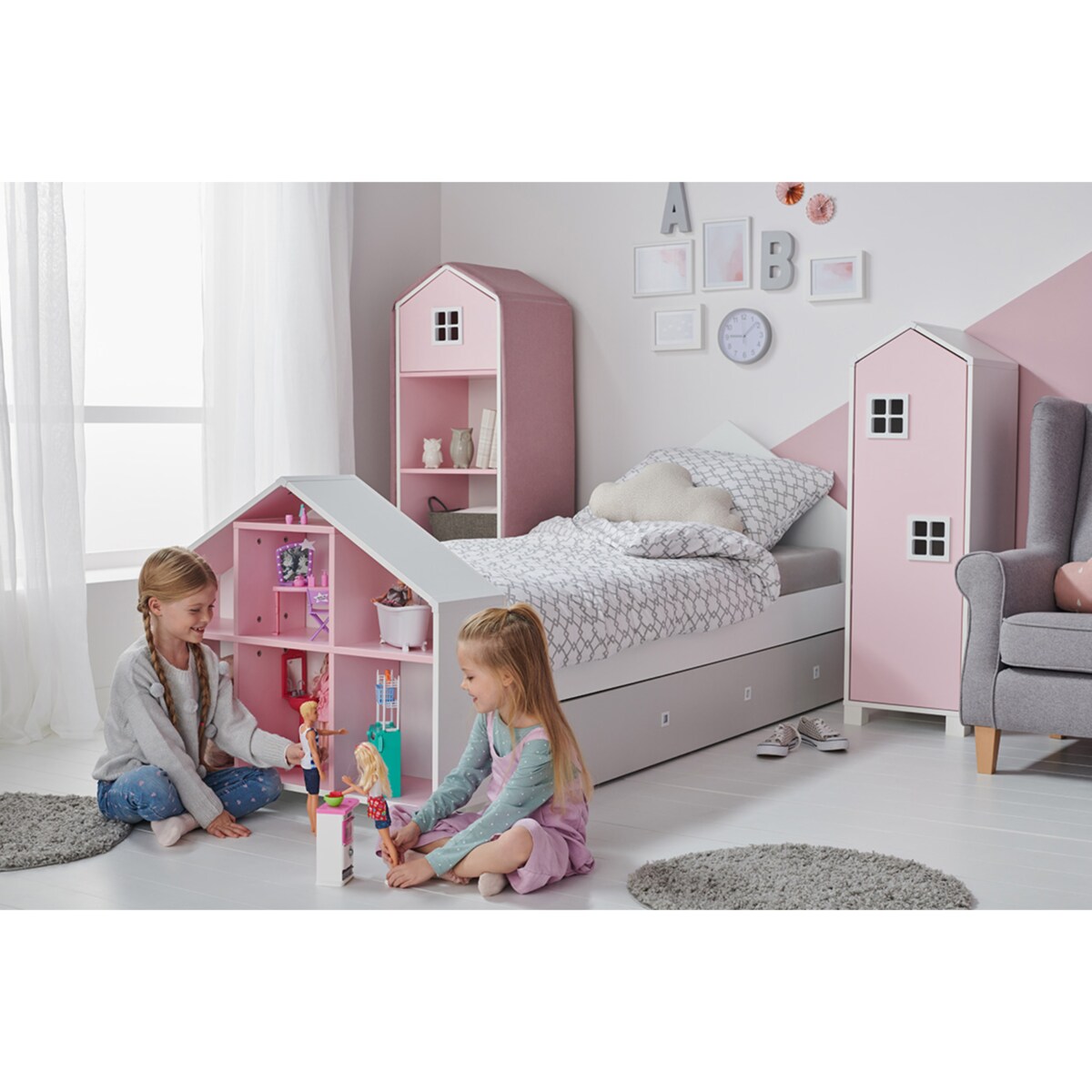 KONSIMO MIRUM Szare łóżko w kształcie domku