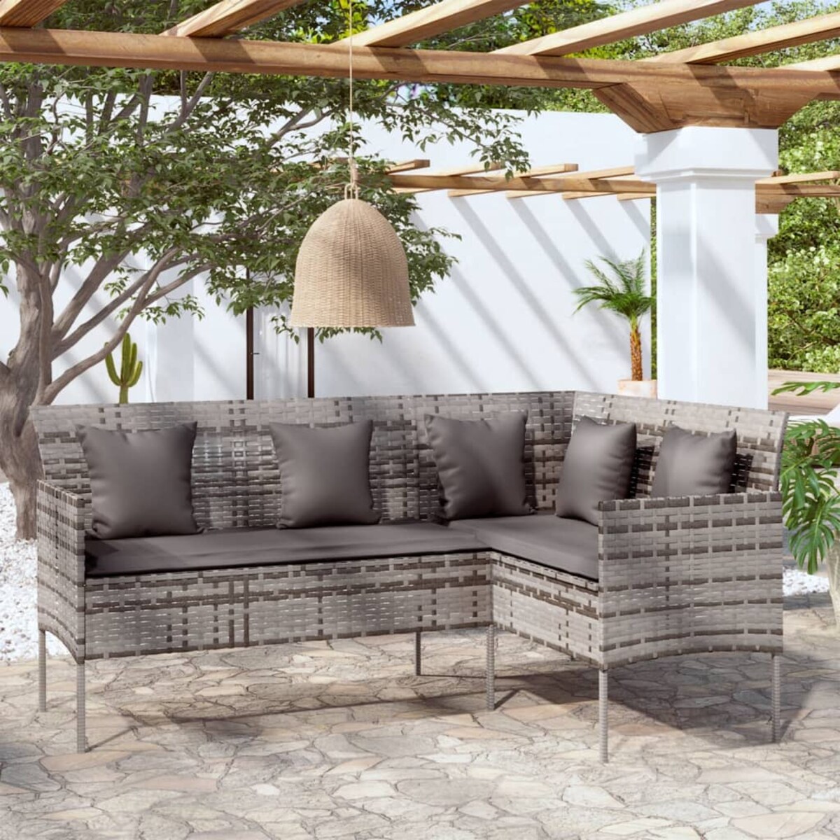 vidaXL Sofa w kształcie litery L z poduszkami, rattan PE, szara