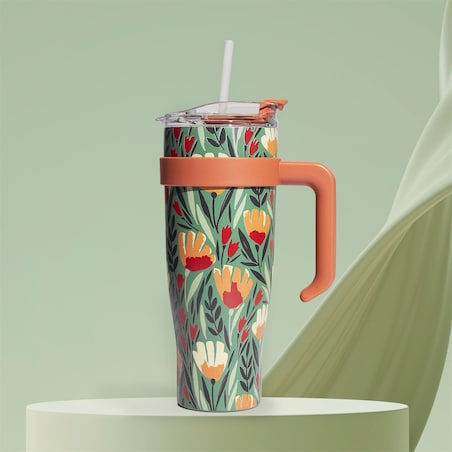 KUBEK TERMICZNY z uchwytem i słomką Fleur 1,2L zielony